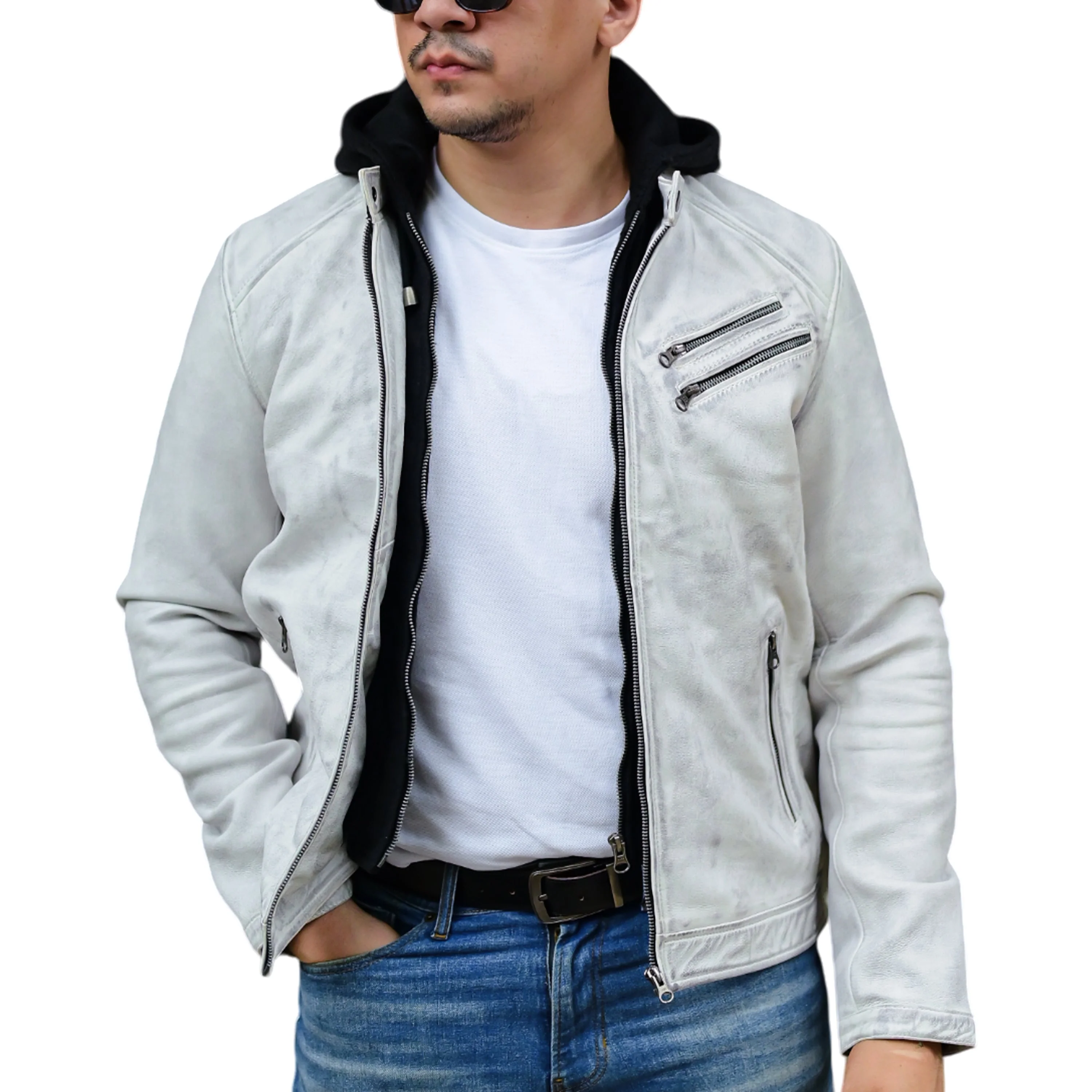 Mens White Casual Hooded Vintage Leather Jacket with Removable Hood